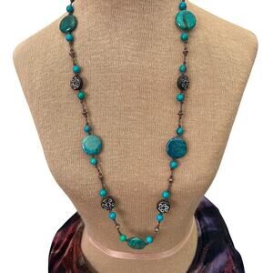 Vintage gemstone chrysocolla necklace opera length corded beaded boho ethnic